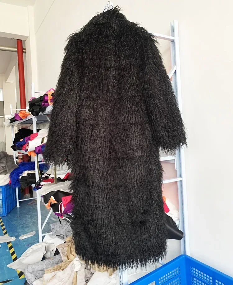 Women Faux Sheep Fur Long Coat Cardigan Thermal Loose Maxi Jackets Plush Coats Female Jacket Autumn Winter Furry Outerwear