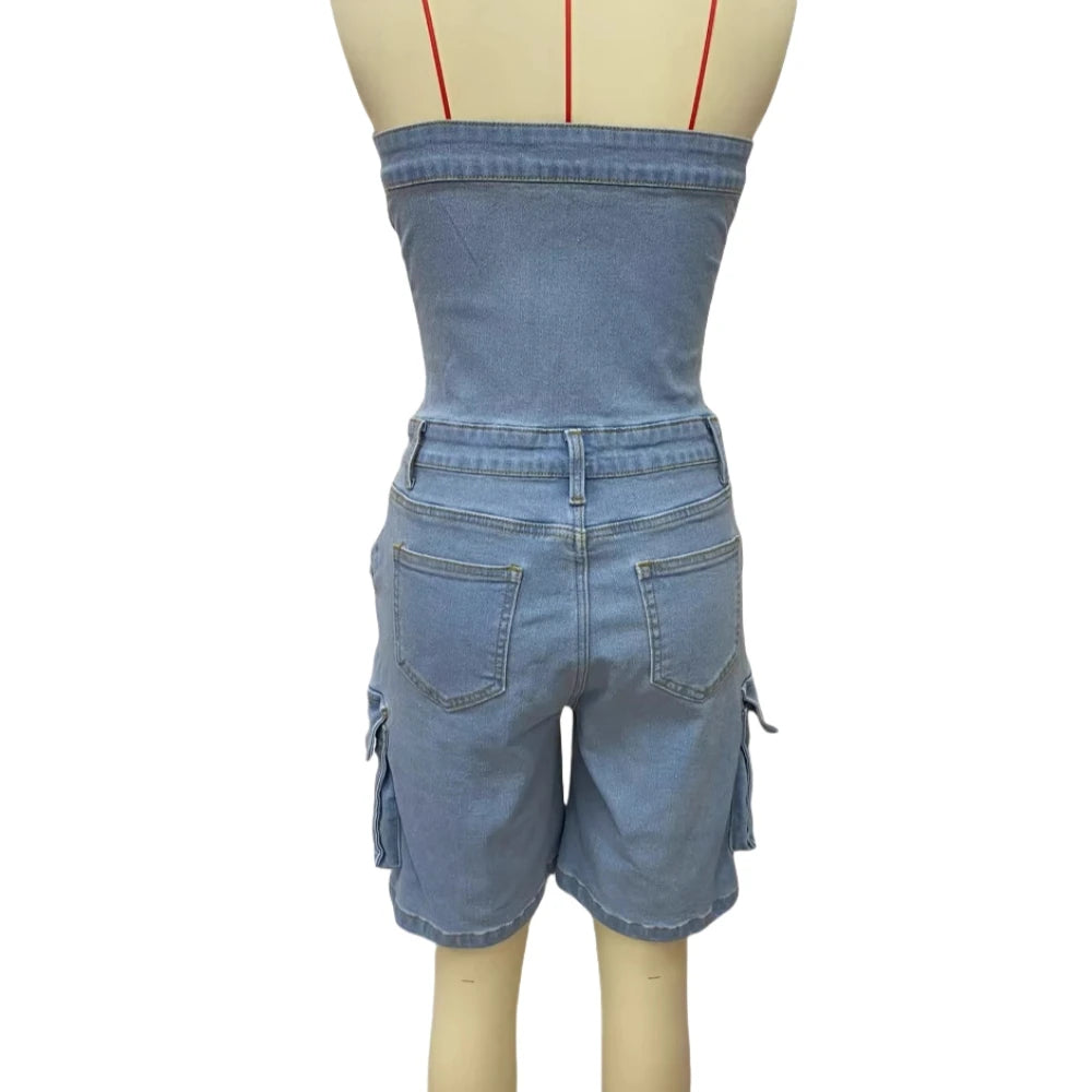FAGADOER Fashion Cargo Pocket Patchwork Denim Romper Women Button Backless Sleeveless Jumpsuit Female Streetwear Overalls 2025