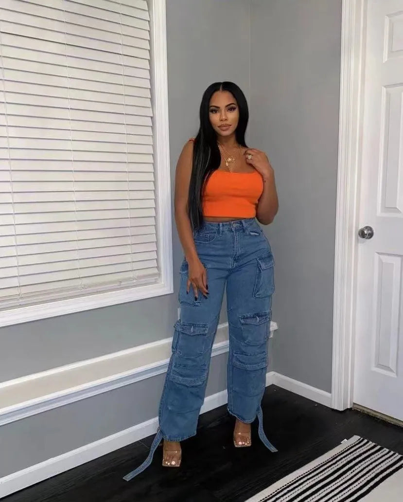 Joskaa Fashion Y2k Pockets Cargo Jeans Women Hipster High Waisted Straight Pants Fall 2023 Casual Denim Trousers Streetwear