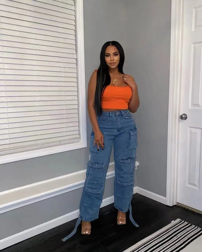 Joskaa Fashion Y2k Pockets Cargo Jeans Women Hipster High Waisted Straight Pants Fall 2023 Casual Denim Trousers Streetwear