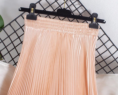 Women's Fashion Pleated Mermaid Long Skirt Korean Style Casual High Waist Satin Flowy Skirts Shiny 19 Colors 2024 Spring SK500