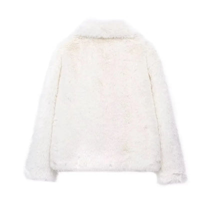 TRAFZA Female Vintage Artificial Fur Effect Coats Lapel Warm Plush Long Sleeves Hidden Buttons Autumn Winter Casual Outerwear