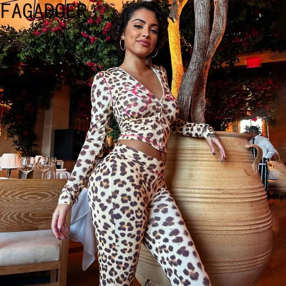 FAGADOER Sexy Leopard Print 2 Piece Sets Women Outfit Long Sleeve Zipper Hooded Crop Jacket + Flare Pants Suits Female Clothing
