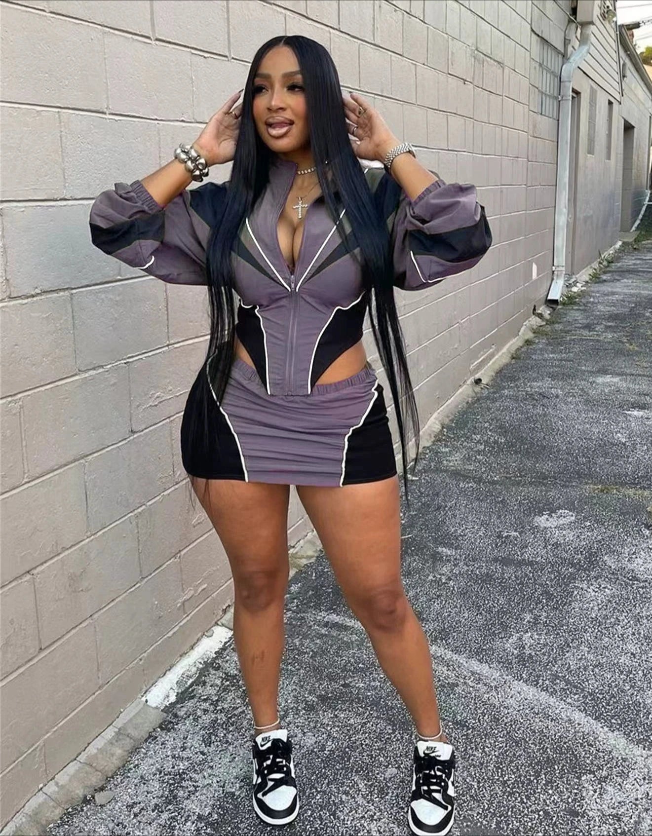 FLARORA Fashion Patchwork 2Pcs Sets Woman Long Sleeve Zipper Irregular Crop Jacket And Skinny Mini Skirts Streetwear Outfits New