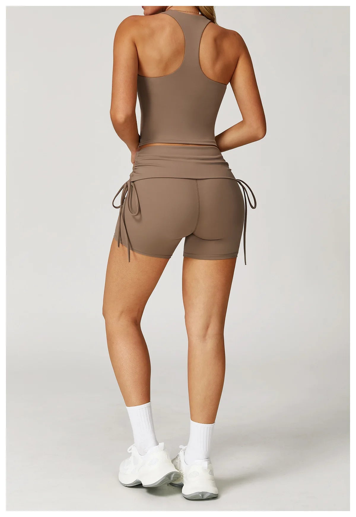 Custom LOGO nude yoga I-shaped beautiful back folded high waist shorts fitness clothes sports running two-piece set
