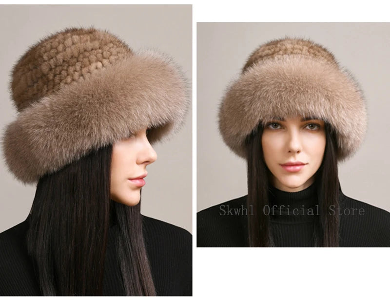 New Genuine Real Natural Knitted Mink Fur Hat Cap Luxury Women Handmade Knit Fashion Winter Headwear Warm Real Fox Fur Beanies