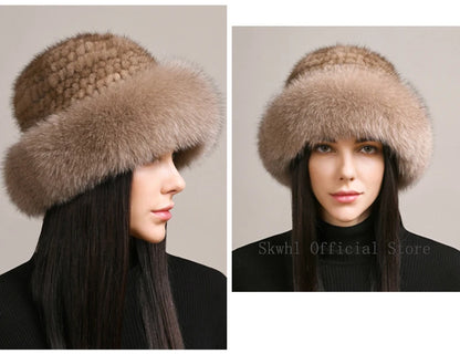 New Genuine Real Natural Knitted Mink Fur Hat Cap Luxury Women Handmade Knit Fashion Winter Headwear Warm Real Fox Fur Beanies