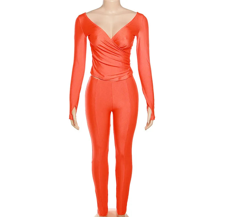 Simenual Casual Skinny Women Two Piece Set Sexy Deep V Crop Tops High Waist Pants Cyber Y2K Outfits Slim Co Ord Suits Streetwear