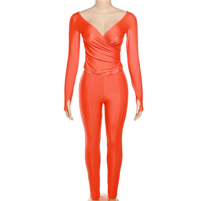 Simenual Casual Skinny Women Two Piece Set Sexy Deep V Crop Tops High Waist Pants Cyber Y2K Outfits Slim Co Ord Suits Streetwear