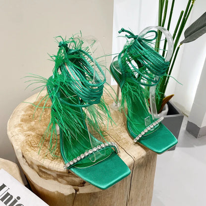 Eilyken Fashion Summer Rhinestone Feather Women Sandals Lace-up Cross-Tied Sexy Gladiator Square Toe Ladies High Heel Shoes
