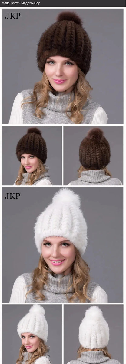 2024 New Genuine Mink Fur Hat Fashion Winter Warm Ball Caps With Copious Female Beanie Knit Cap and Liner 6 Colors BZ-11