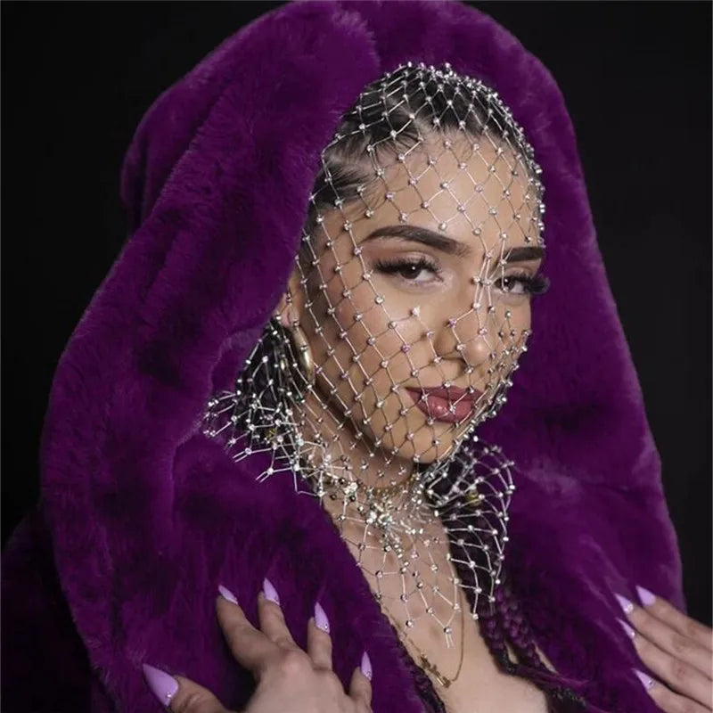 Women Balaclava Elastic Rhinestone Turban Ladies Shining Fishnet Headhood Club Rave Party Head Mask Diamond Headwrap Headcover