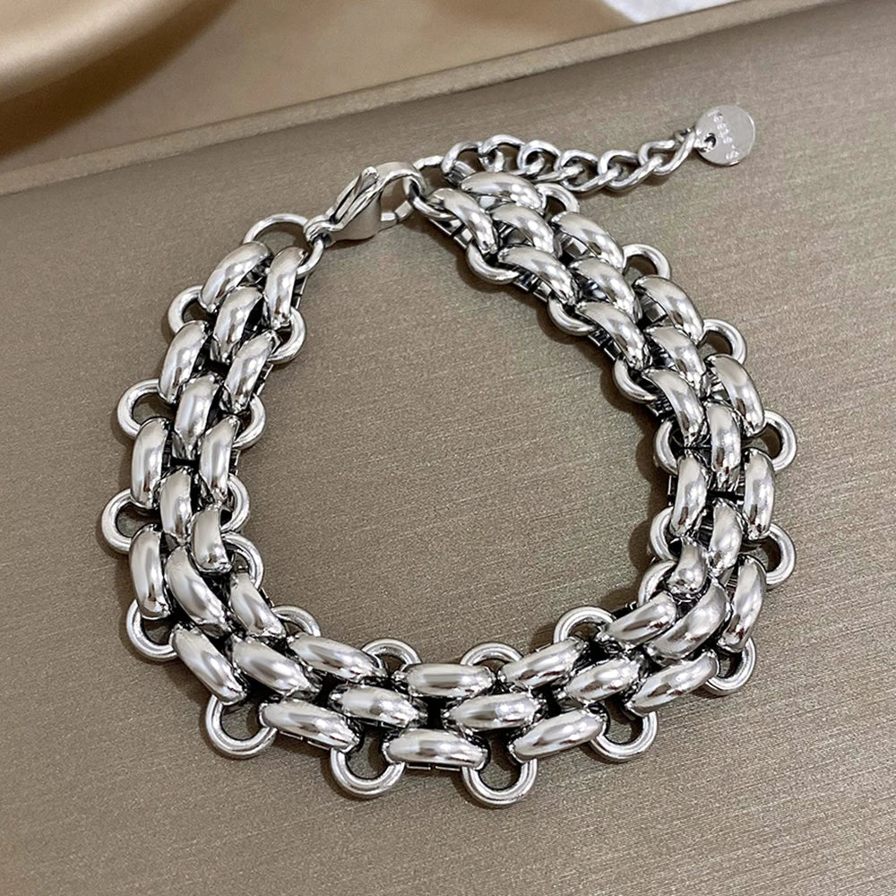 Trendy Stainless Steel Chunky Thick Chain Bracelet for Women Punk Statement Glossy Multilayer Link Bracelets Wristband Jewelry
