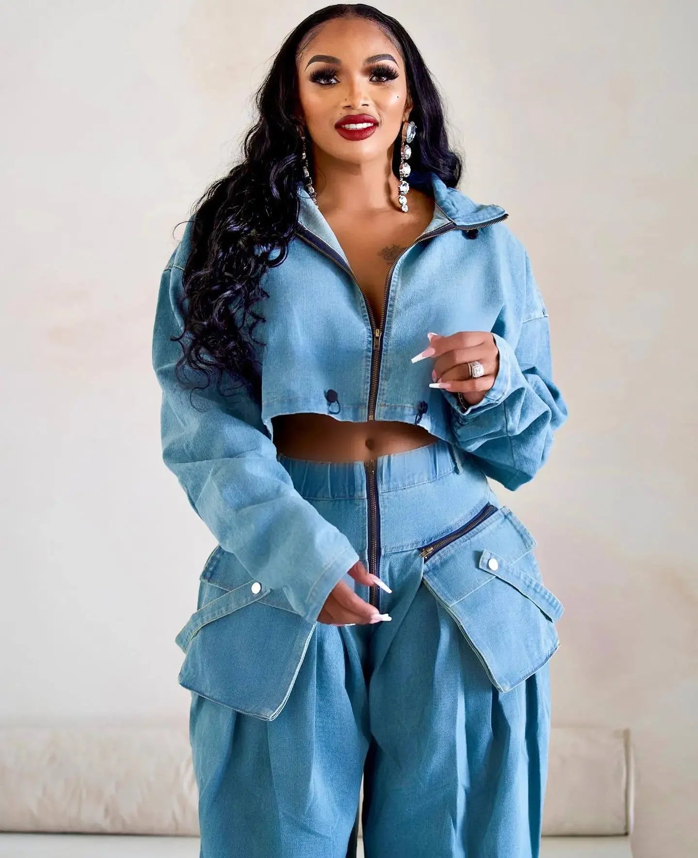 Denim Two Piece Sets Women Coat Jacket Wide Leg Pants Jeans Suits Matching Sets Trousers Outfits 2025 Y2k Streetwear Party
