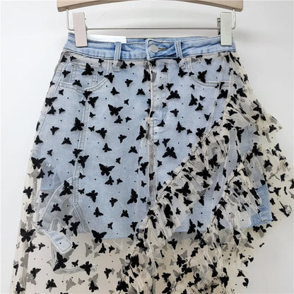 American Fashion Irregular Mesh Embroidery Butterfly Skirt Splicing Denim Elastic A Line Short Skirt Women Clothing 2025 New