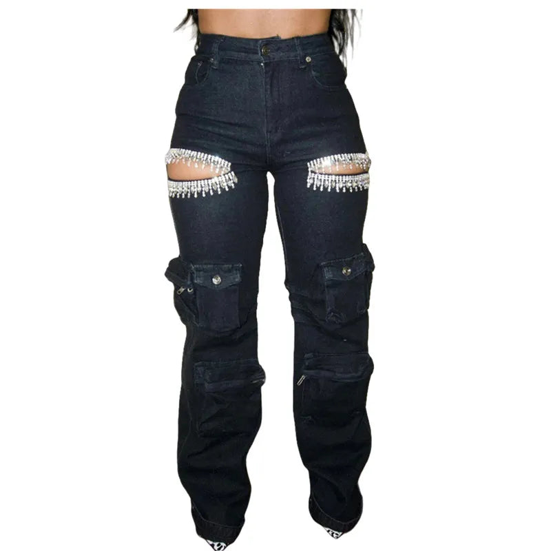 Wmstar 2024 Autumn Style Personalized Women Pants with Tassel Diamond Pieces Mid Waist Straight Leg Jeans Wholesale Dropshipping