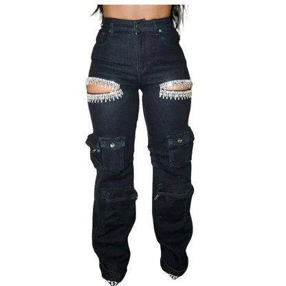 Wmstar 2024 Autumn Style Personalized Women Pants with Tassel Diamond Pieces Mid Waist Straight Leg Jeans Wholesale Dropshipping