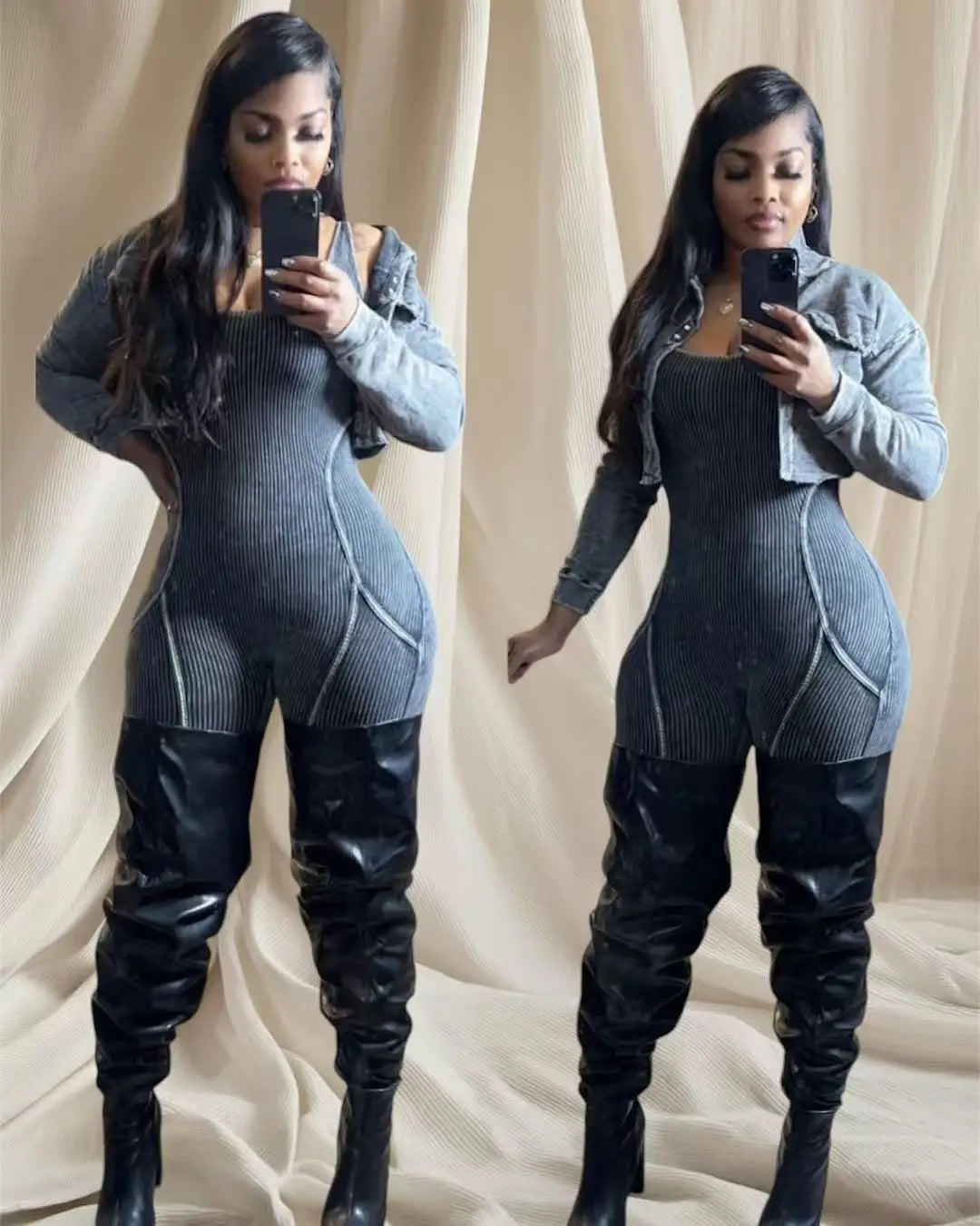 FAGADOER High Quality Rib Women 2 Piece Set Outfit Fashion Long Sleeve Crop Jacket + Bodycon Jumpsuits Suits Clothing 2025 New