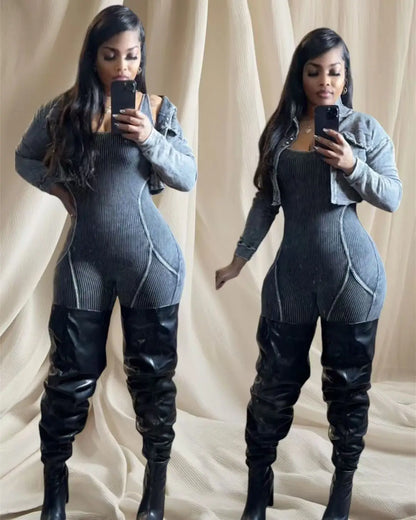 FAGADOER High Quality Rib Women 2 Piece Set Outfit Fashion Long Sleeve Crop Jacket + Bodycon Jumpsuits Suits Clothing 2025 New