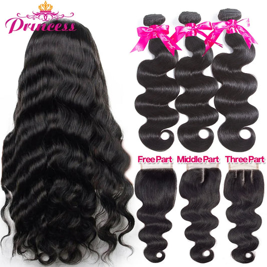 Beautiful Princess Brazilian Body Wave Hair Weave 3 Bundles With Lace Closure Remy Human Hair Bundles With Closure